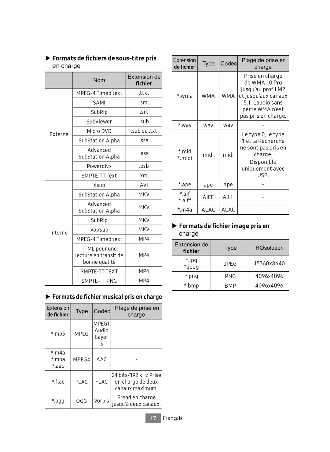 Samsung UBD-M7500/EN manual Formats de fichiers de sous-titre pris en charge, Formats de fichier image pris en charge, Nom 