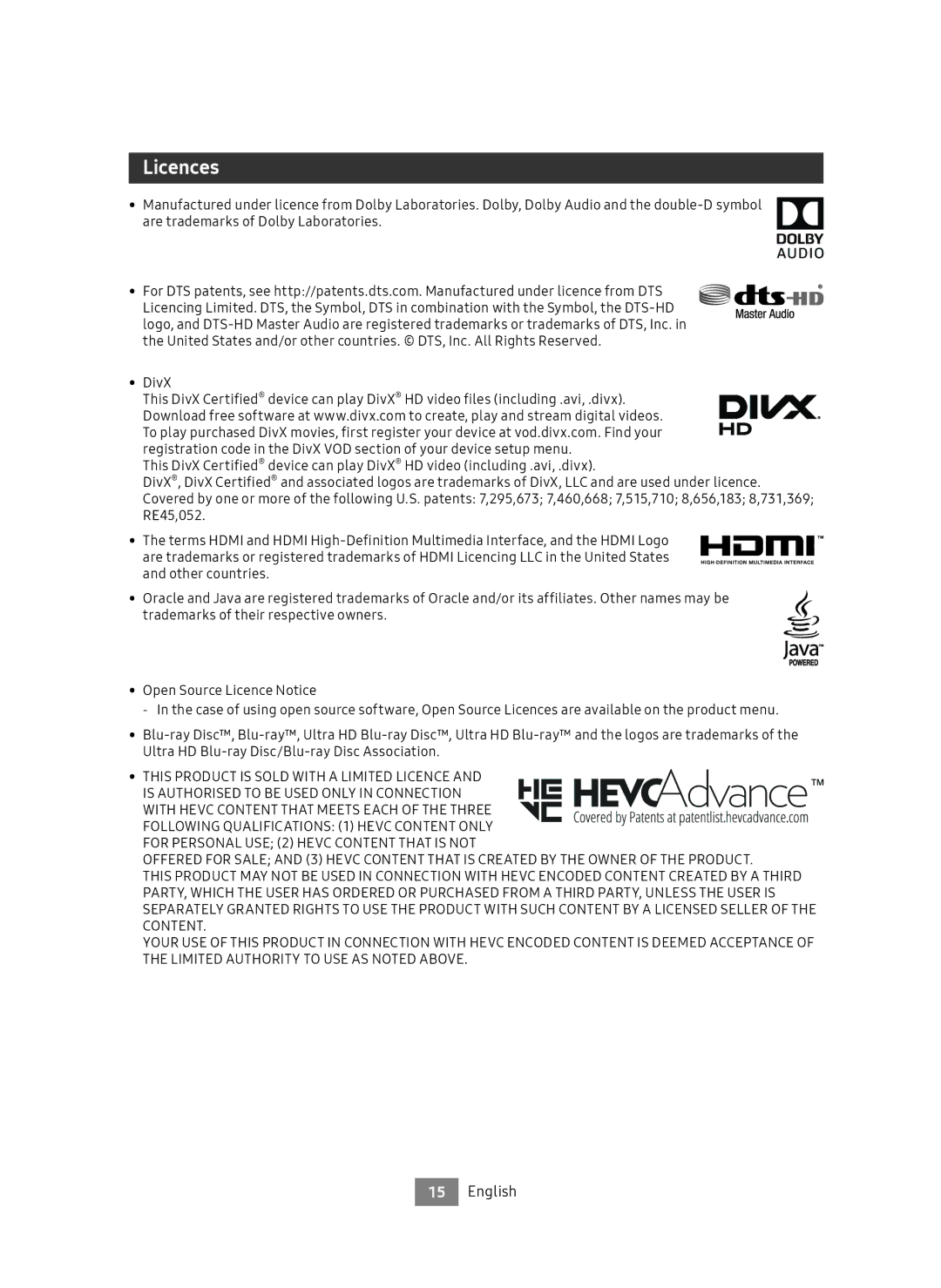 Samsung UBD-M7500/EN manual Licences, This Product is Sold with a Limited Licence 