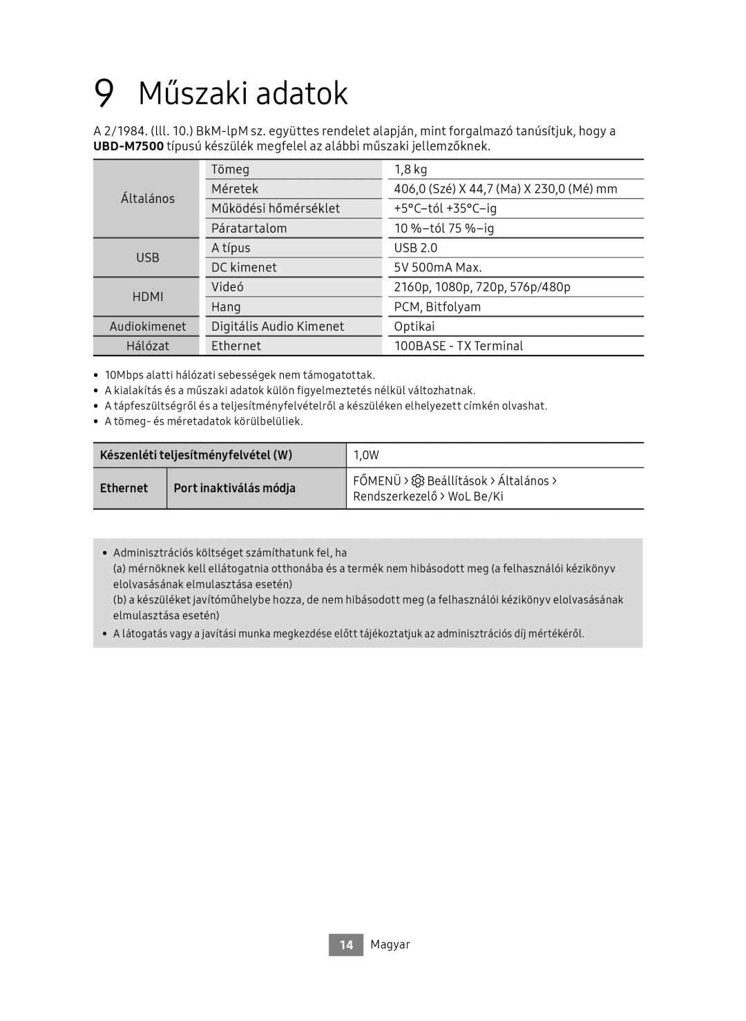 Samsung UBD-M7500/EN manual Műszaki adatok 