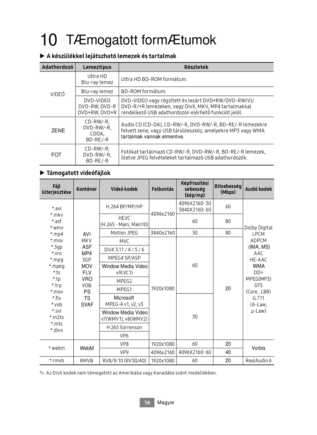 Samsung UBD-M7500/EN 10 Támogatott formátumok, Készülékkel lejátszható lemezek és tartalmak, Támogatott videófájlok, Fájl 