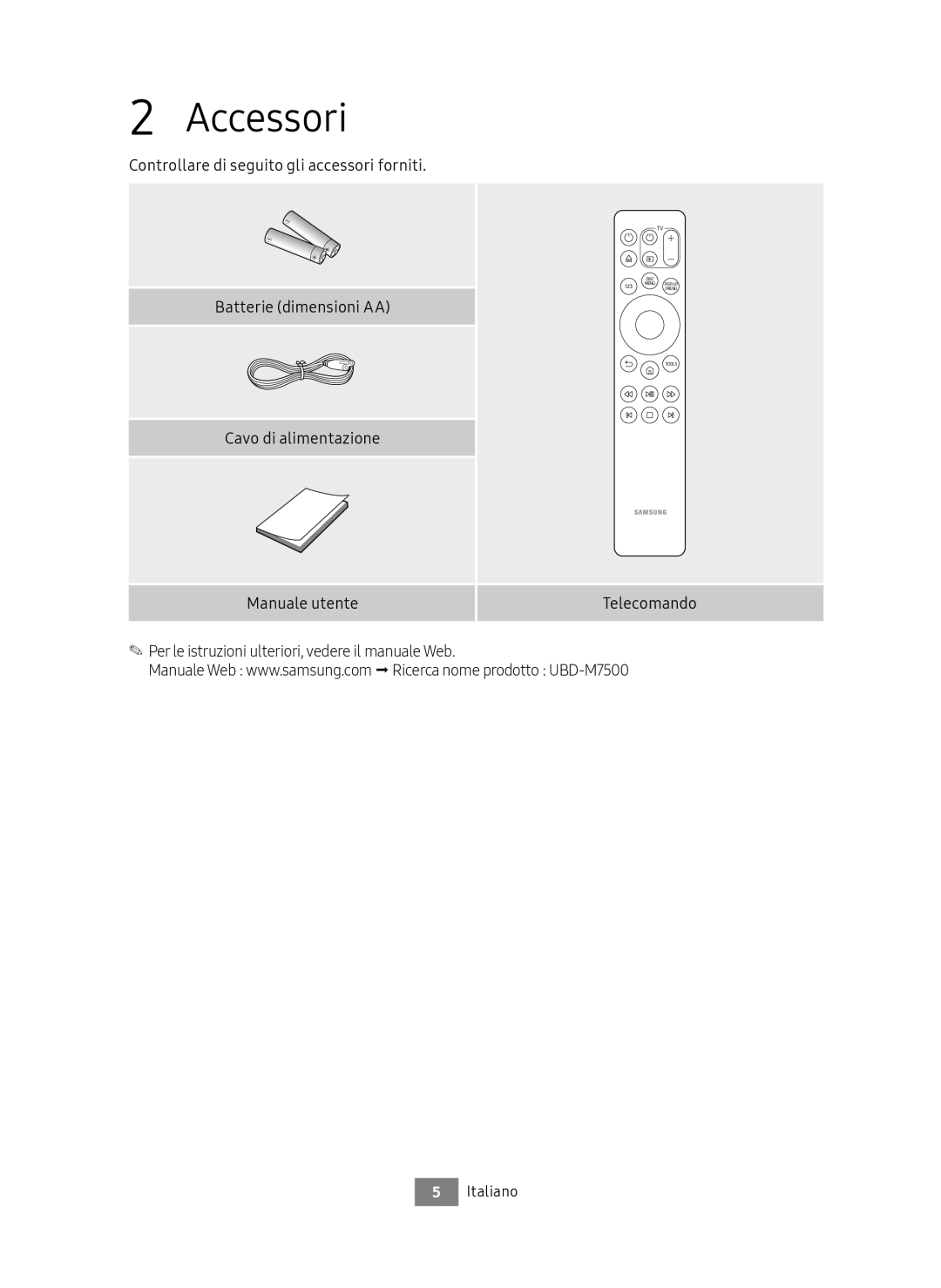 Samsung UBD-M7500/EN manual Accessori 