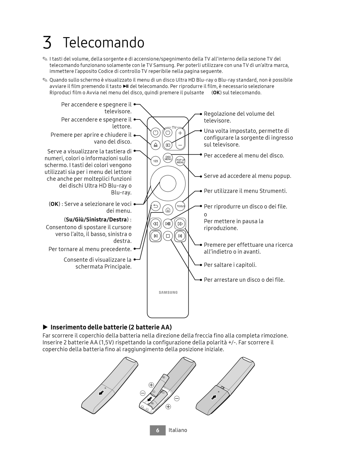 Samsung UBD-M7500/EN Telecomando, Inserimento delle batterie 2 batterie AA, Numeri, colori o informazioni sullo, Dei menu 