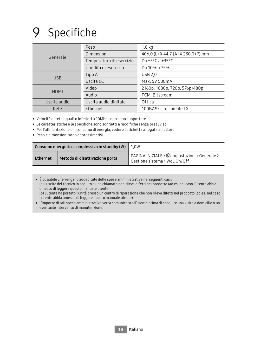 Samsung UBD-M7500/EN manual Specifiche, Ethernet Metodo di disattivazione porta, Pagina Iniziale Impostazioni Generale 