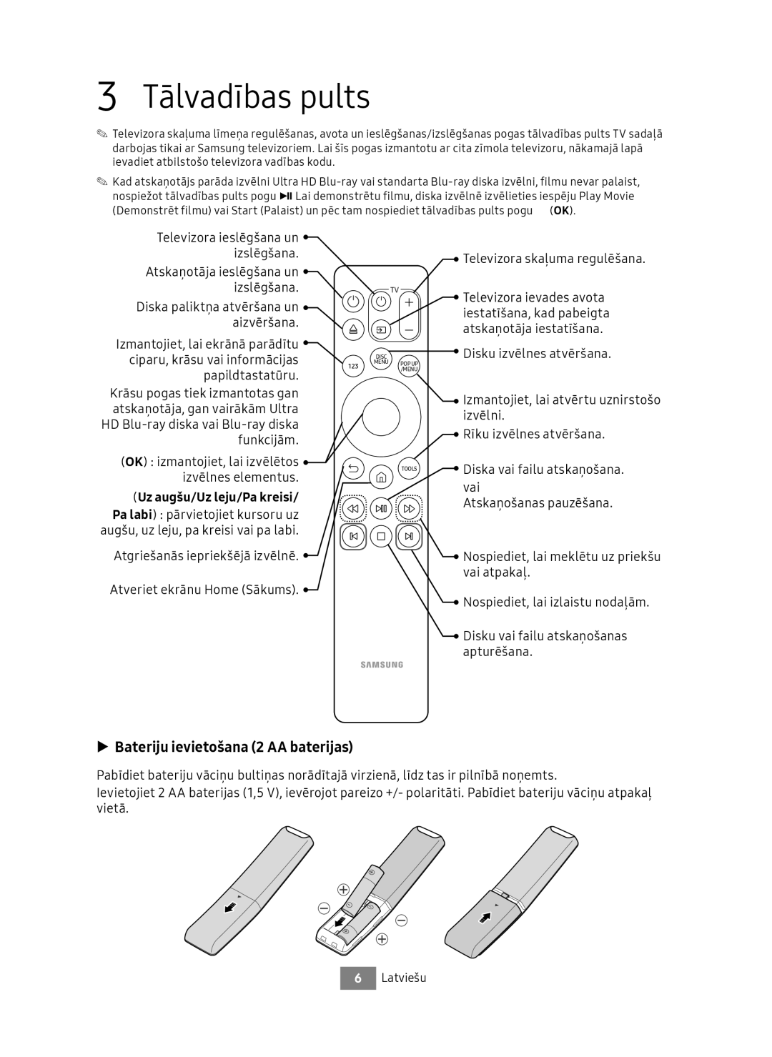 Samsung UBD-M7500/EN manual Tālvadības pults, Bateriju ievietošana 2 AA baterijas 