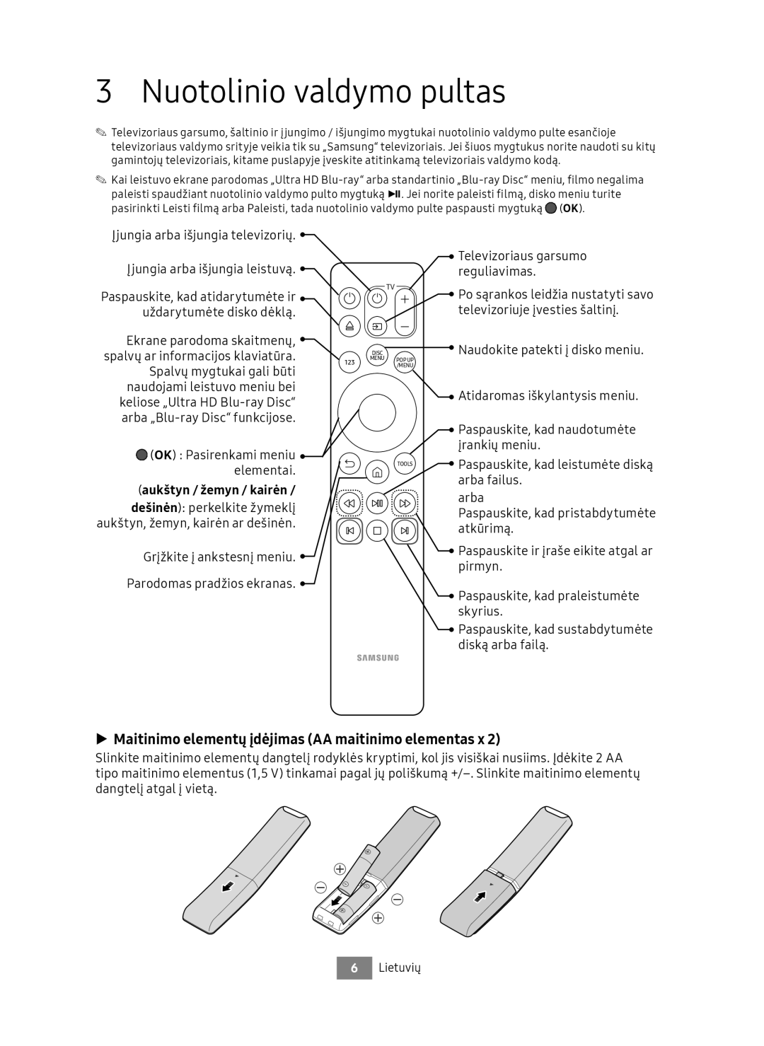 Samsung UBD-M7500/EN manual Nuotolinio valdymo pultas, Maitinimo elementų įdėjimas AA maitinimo elementas x 