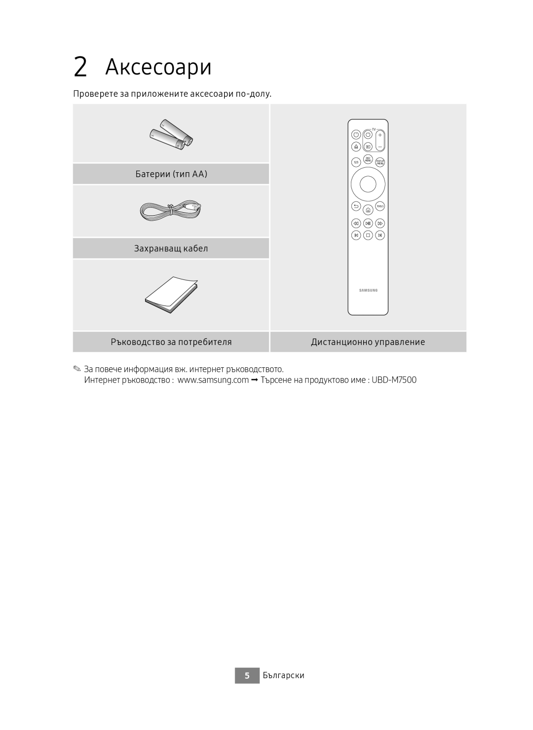 Samsung UBD-M7500/EN manual Аксесоари, Проверете за приложените аксесоари по-долу Батерии тип AA 