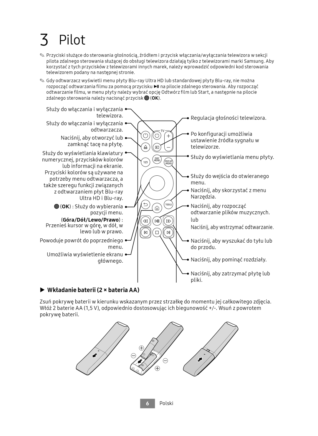 Samsung UBD-M7500/EN manual Pilot, Wkładanie baterii 2 × bateria AA, Służy do włączania i wyłączania telewizora 