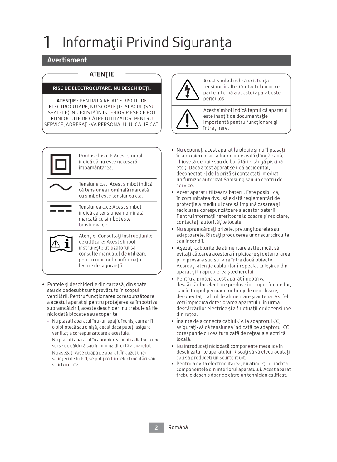 Samsung UBD-M7500/EN manual Informaţii Privind Siguranţa, Avertisment, Română, Atenţie Pentru a Reduce Riscul DE 