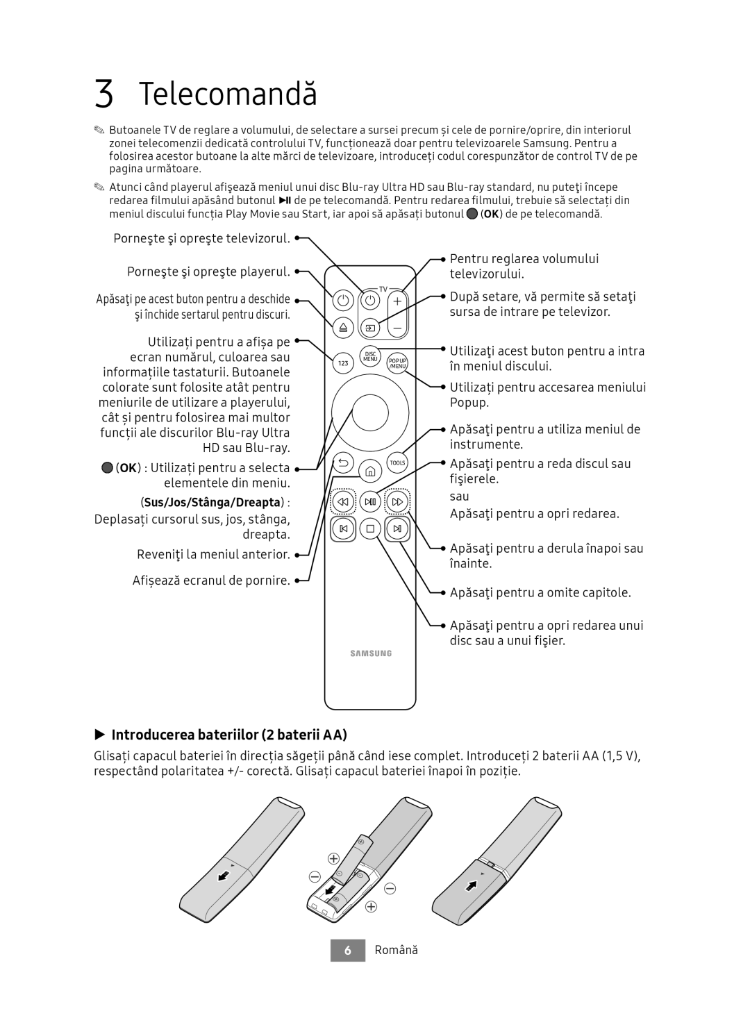 Samsung UBD-M7500/EN manual Telecomandă, Introducerea bateriilor 2 baterii AA, Sus/Jos/Stânga/Dreapta 