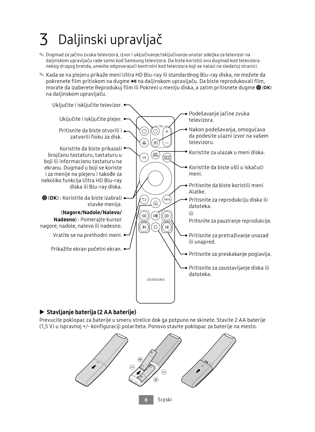 Samsung UBD-M7500/EN manual Stavljanje baterija 2 AA baterije, Nagore/Nadole/Nalevo 