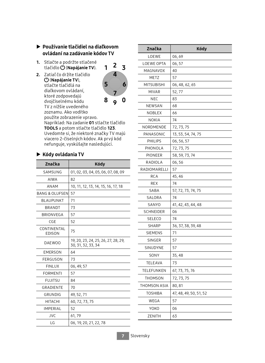 Samsung UBD-M7500/EN manual Kódy ovládania TV, Stlačte a podržte stlačené, Tlačidlo Napájanie TV, Zatiaľ čo držíte tlačidlo 