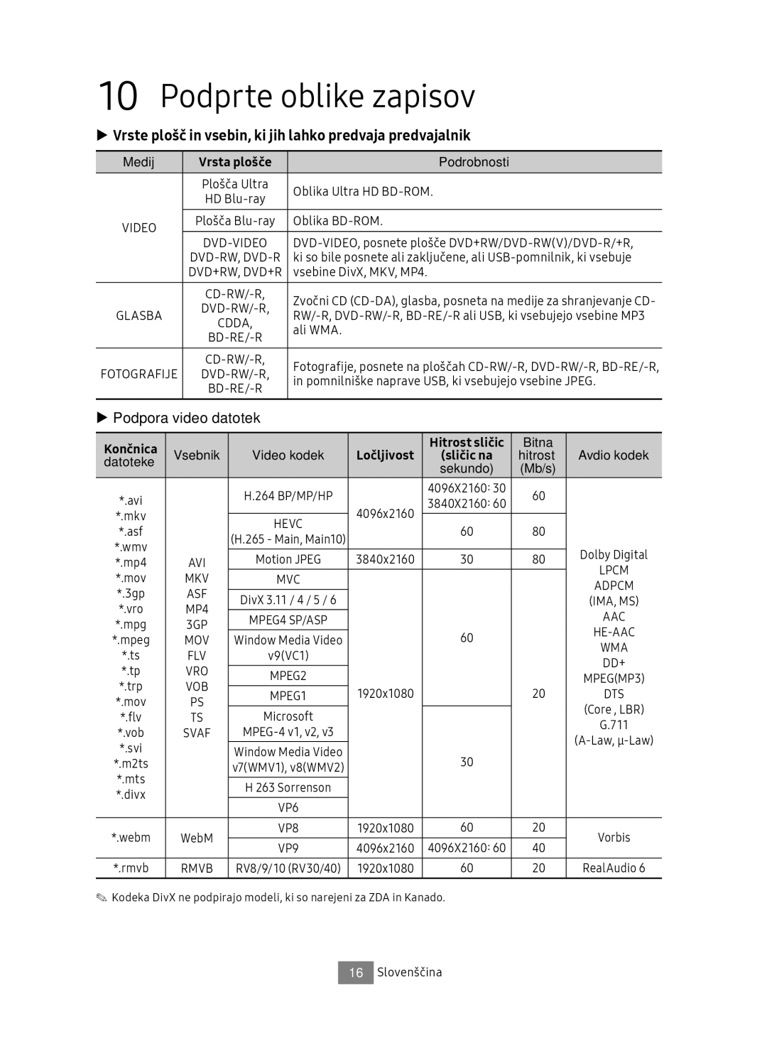 Samsung UBD-M7500/EN manual Podprte oblike zapisov, Vrste plošč in vsebin, ki jih lahko predvaja predvajalnik 