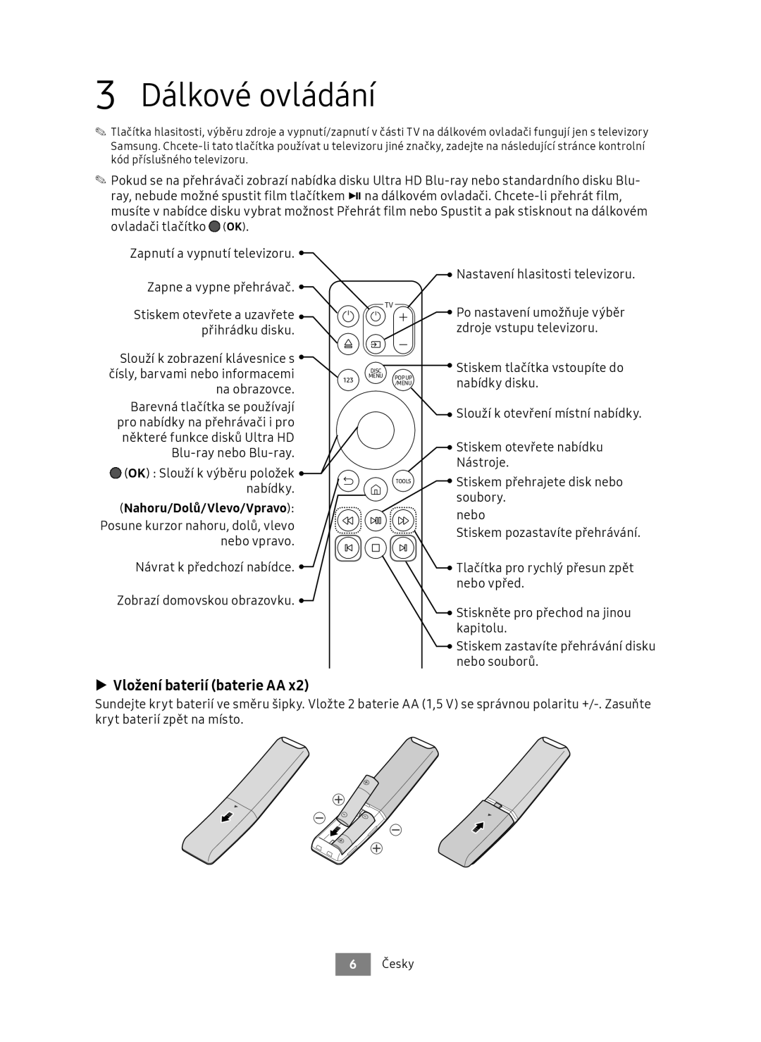 Samsung UBD-M7500/EN manual Dálkové ovládání, Vložení baterií baterie AA, Nahoru/Dolů/Vlevo/Vpravo 