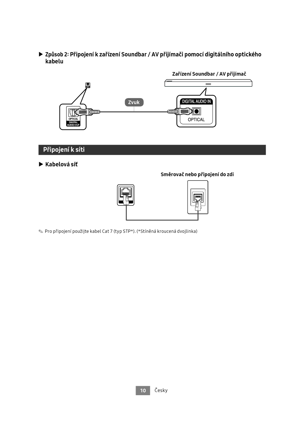 Samsung UBD-M7500/EN manual Připojení k síti, Kabelová síť, Směrovač nebo připojení do zdi, 10 Česky 