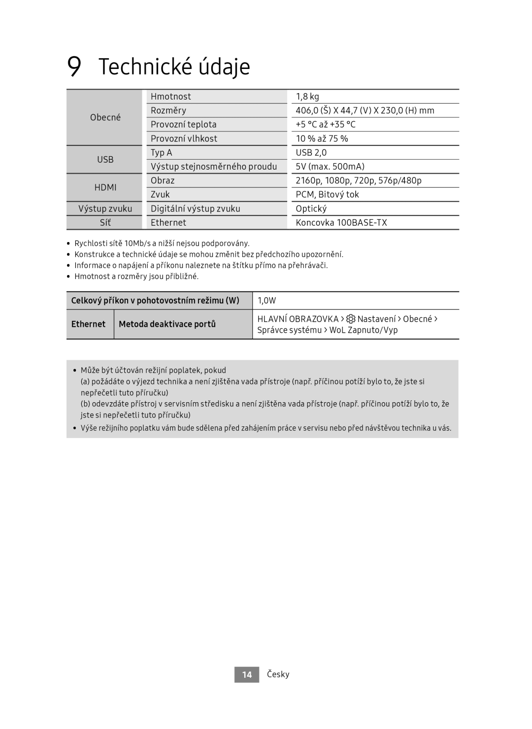 Samsung UBD-M7500/EN manual Technické údaje, Ethernet Metoda deaktivace portů 