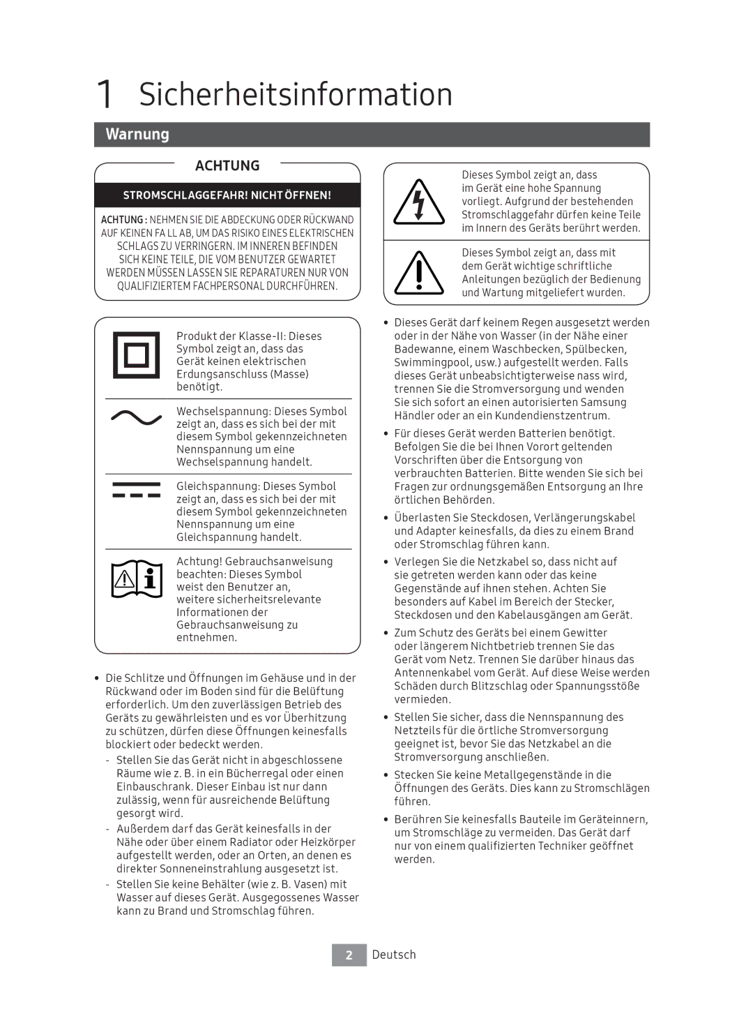 Samsung UBD-M7500/EN manual Sicherheitsinformation, Warnung, Deutsch 