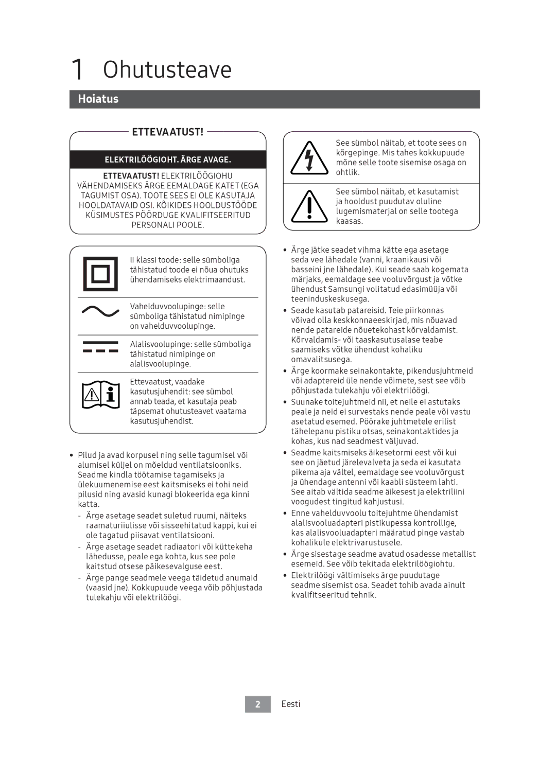 Samsung UBD-M7500/EN manual Ohutusteave, Hoiatus, Eesti 