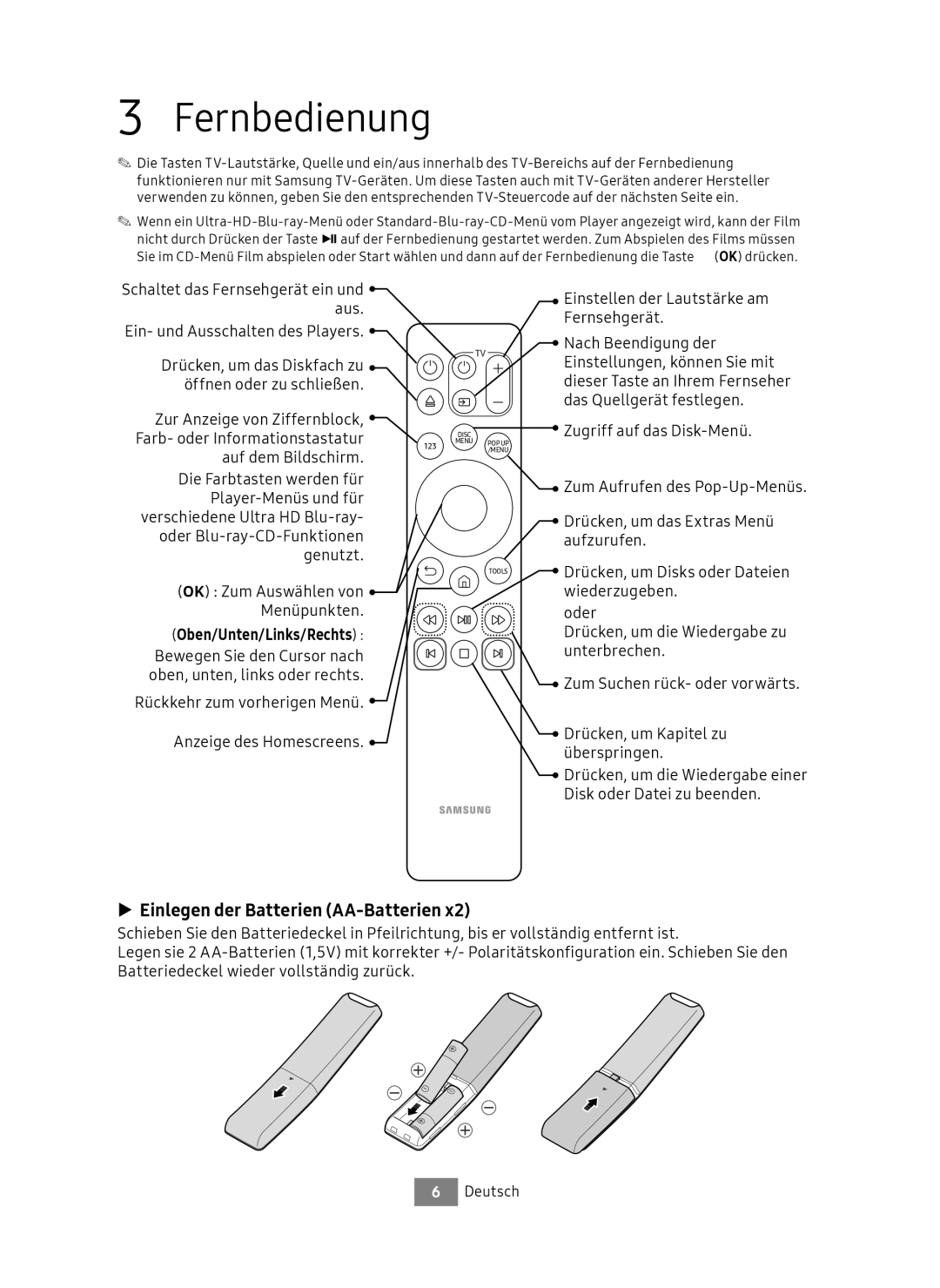 Samsung UBD-M7500/EN manual Fernbedienung, Einlegen der Batterien AA-Batterien, Oben/Unten/Links/Rechts 