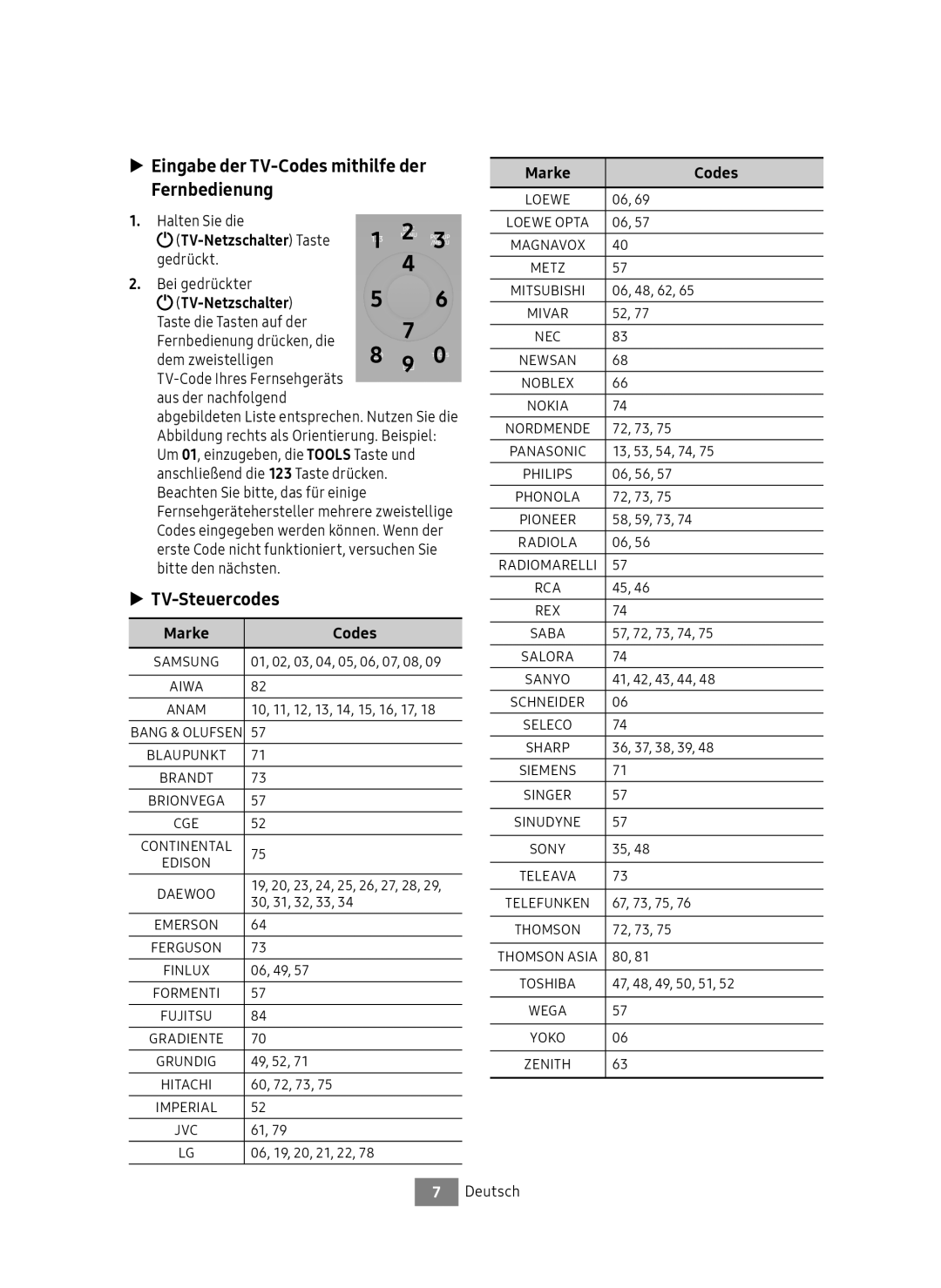 Samsung UBD-M7500/EN Eingabe der TV-Codes mithilfe der Fernbedienung, TV-Steuercodes, TV-Netzschalter Taste, Marke Codes 