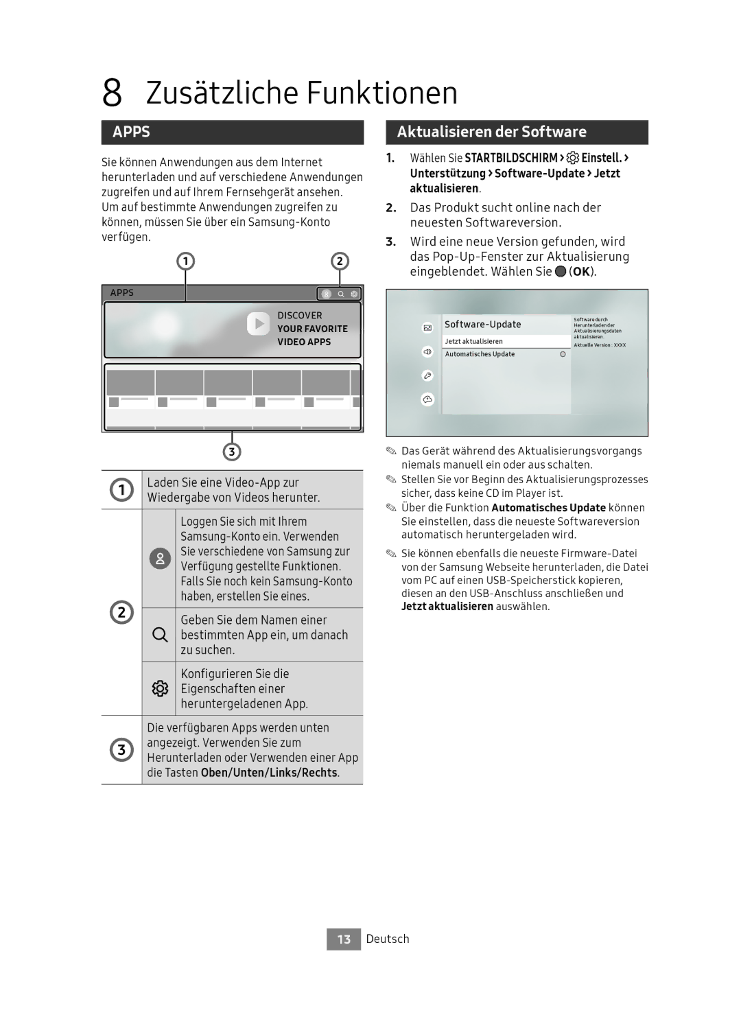 Samsung UBD-M7500/EN manual Zusätzliche Funktionen, Aktualisieren der Software, Die verfügbaren Apps werden unten 