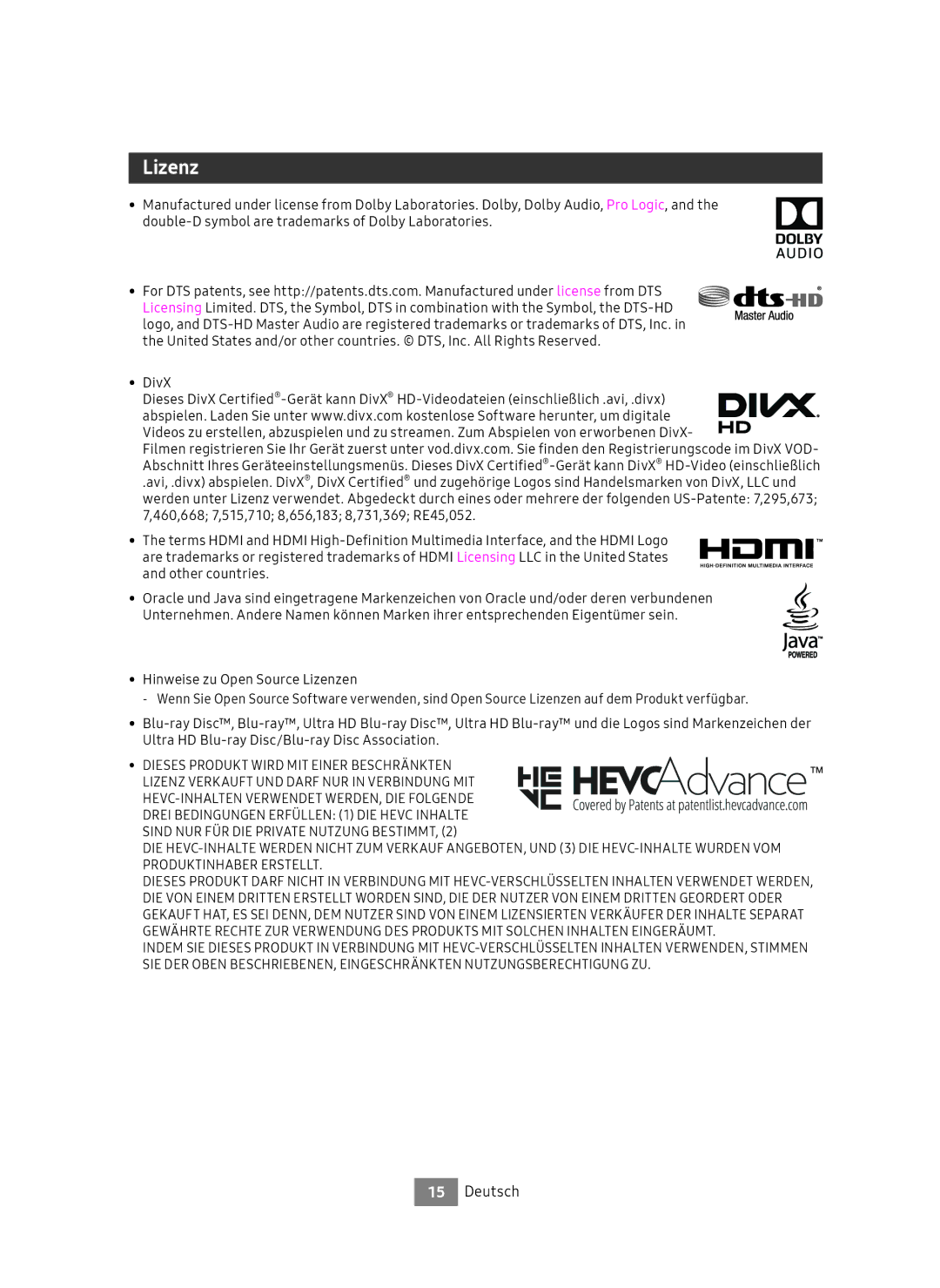 Samsung UBD-M7500/EN manual Lizenz 