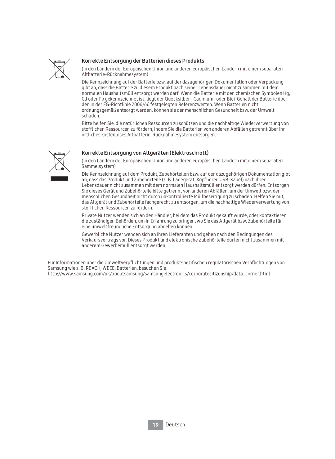 Samsung UBD-M7500/EN Korrekte Entsorgung der Batterien dieses Produkts, Korrekte Entsorgung von Altgeräten Elektroschrott 