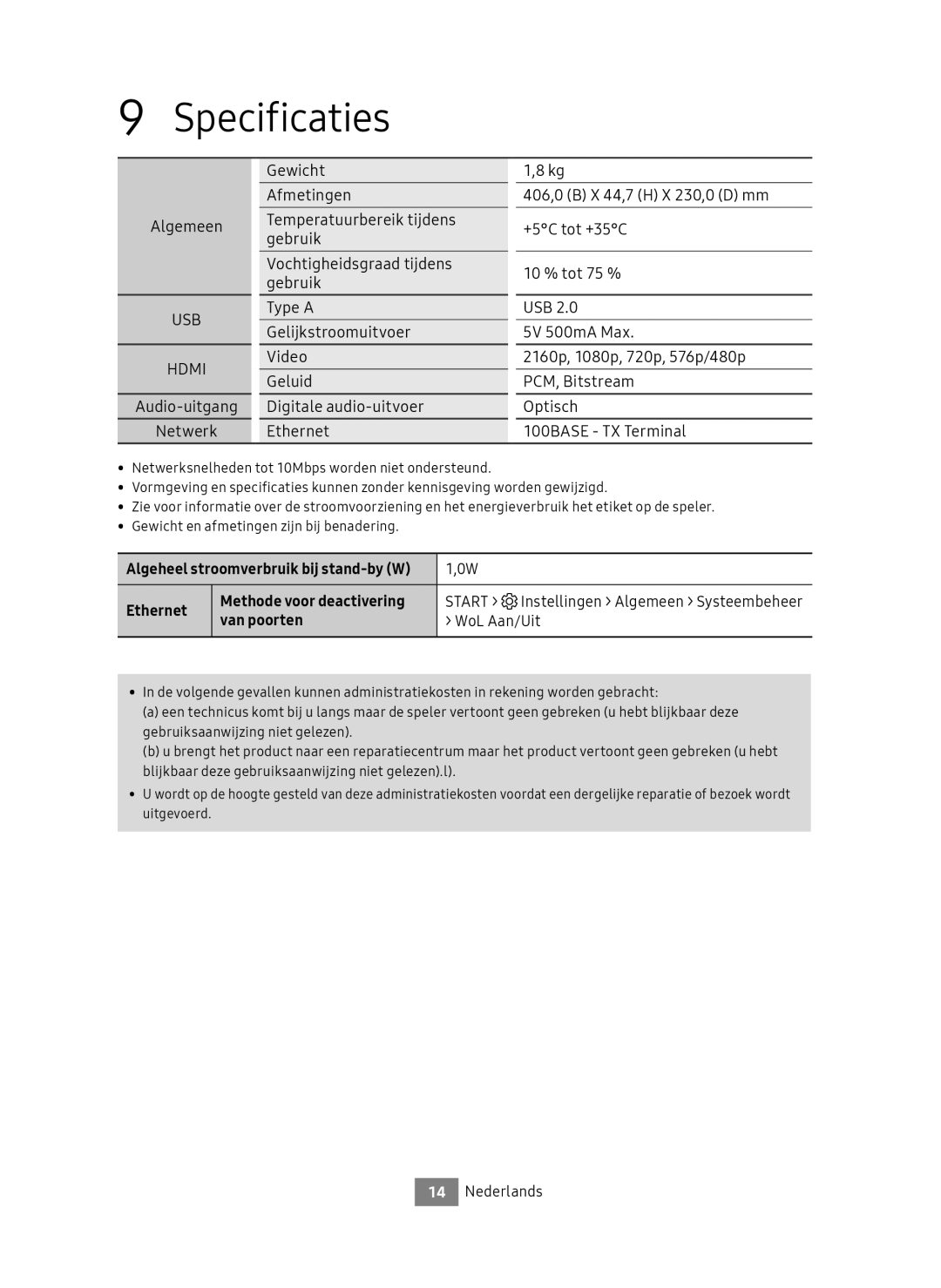 Samsung UBD-M7500/EN manual Specificaties, Ethernet, Start Instellingen Algemeen Systeembeheer, Van poorten WoL Aan/Uit 