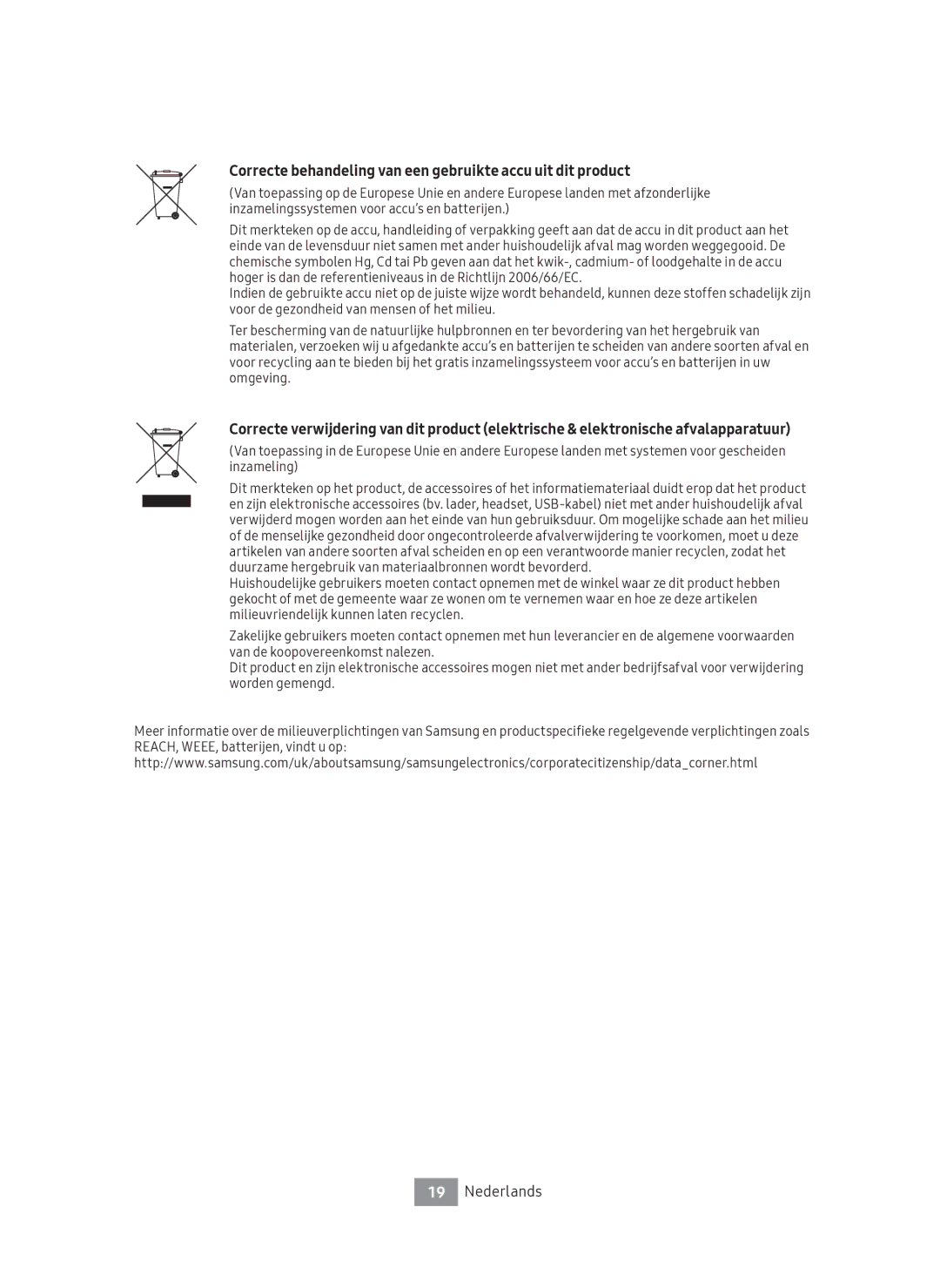 Samsung UBD-M7500/EN manual Correcte behandeling van een gebruikte accu uit dit product 