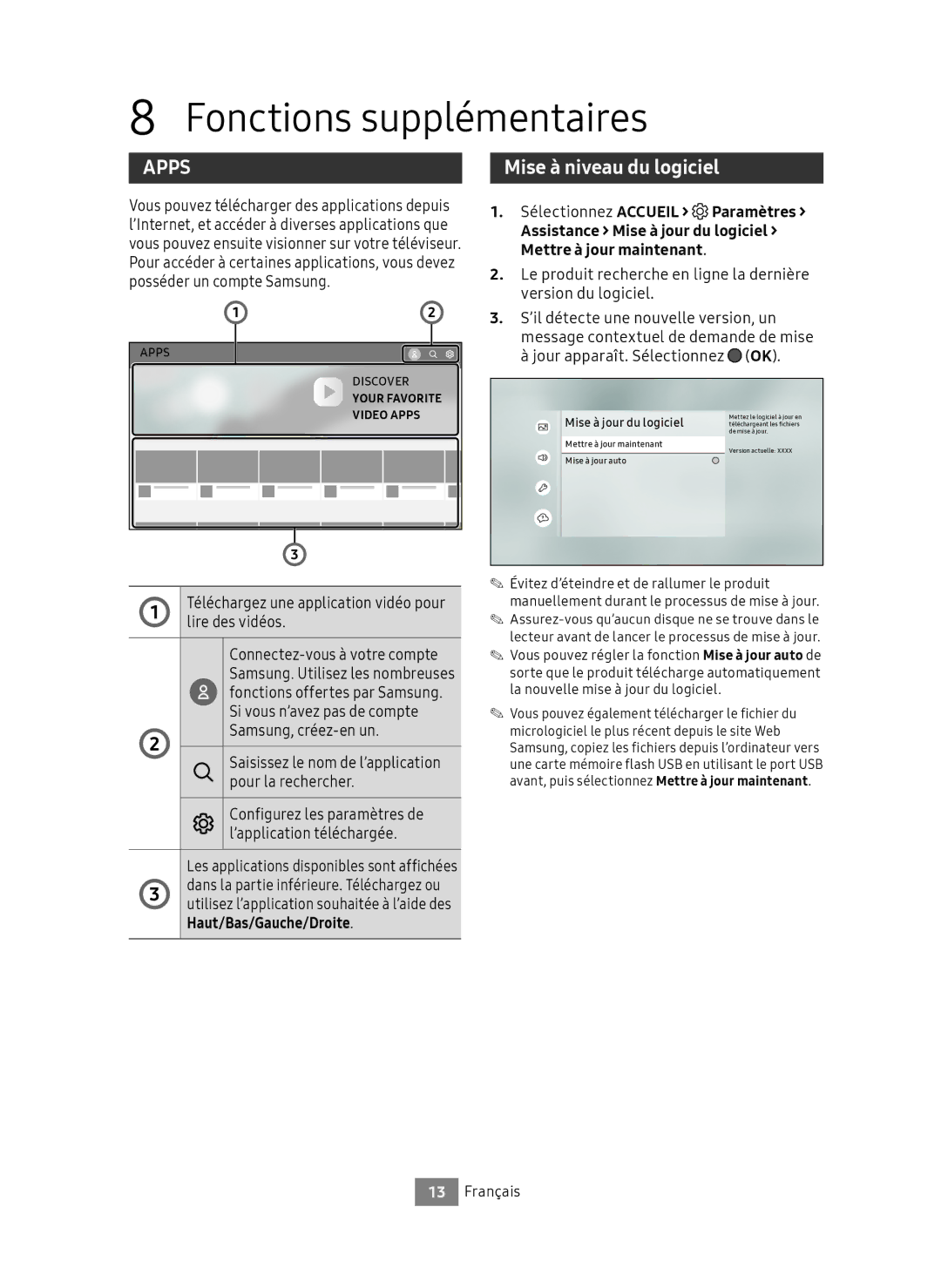 Samsung UBD-M7500/EN manual Fonctions supplémentaires, Mise à niveau du logiciel, Sélectionnez Accueil Paramètres 