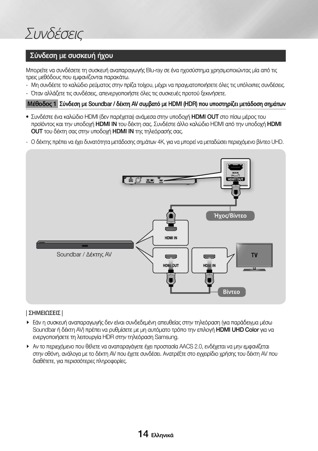 Samsung UBD-M7500/EN manual Σύνδεση με συσκευή ήχου, Soundbar / Δέκτης AV, 14 Ελληνικά 