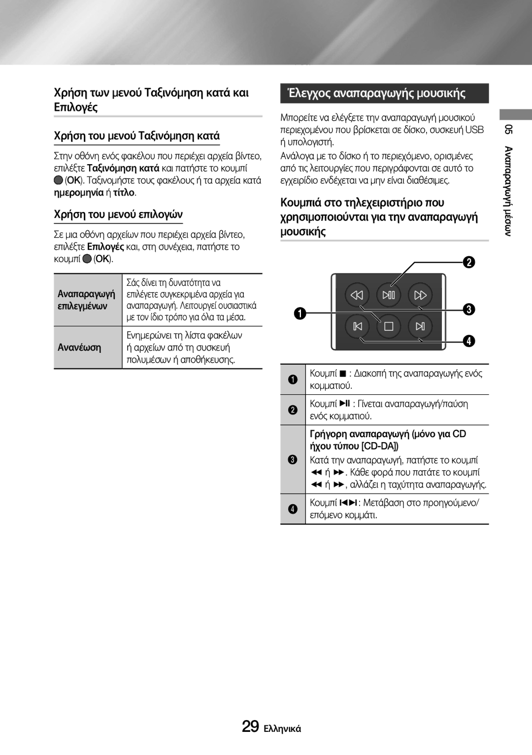 Samsung UBD-M7500/EN Χρήση των μενού Ταξινόμηση κατά και Επιλογές, Έλεγχος αναπαραγωγής μουσικής, Χρήση του μενού επιλογών 