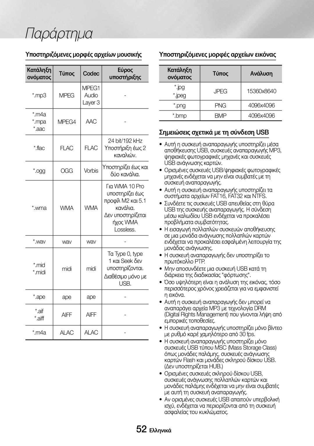 Samsung UBD-M7500/EN manual Υποστηριζόμενες μορφές αρχείων μουσικής, Υποστηριζόμενες μορφές αρχείων εικόνας, Mpeg, Bmp 