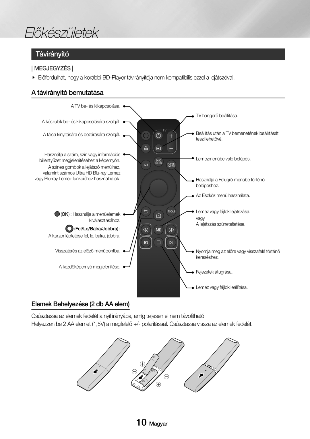 Samsung UBD-M7500/EN manual Távirányító bemutatása, Elemek Behelyezése 2 db AA elem 