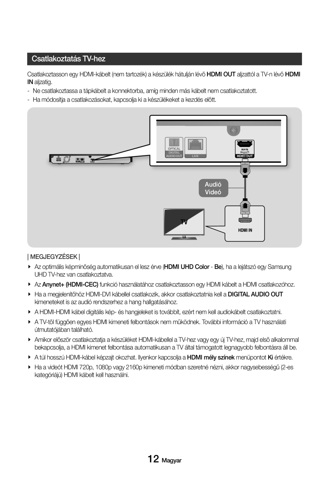 Samsung UBD-M7500/EN manual Csatlakoztatás TV-hez, Kimeneteket is az audió rendszerhez a hang hallgatásához 