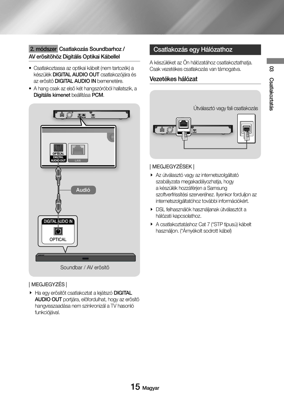 Samsung UBD-M7500/EN manual Csatlakozás egy Hálózathoz, Vezetékes hálózat, Digitális kimenet beállítása PCM 