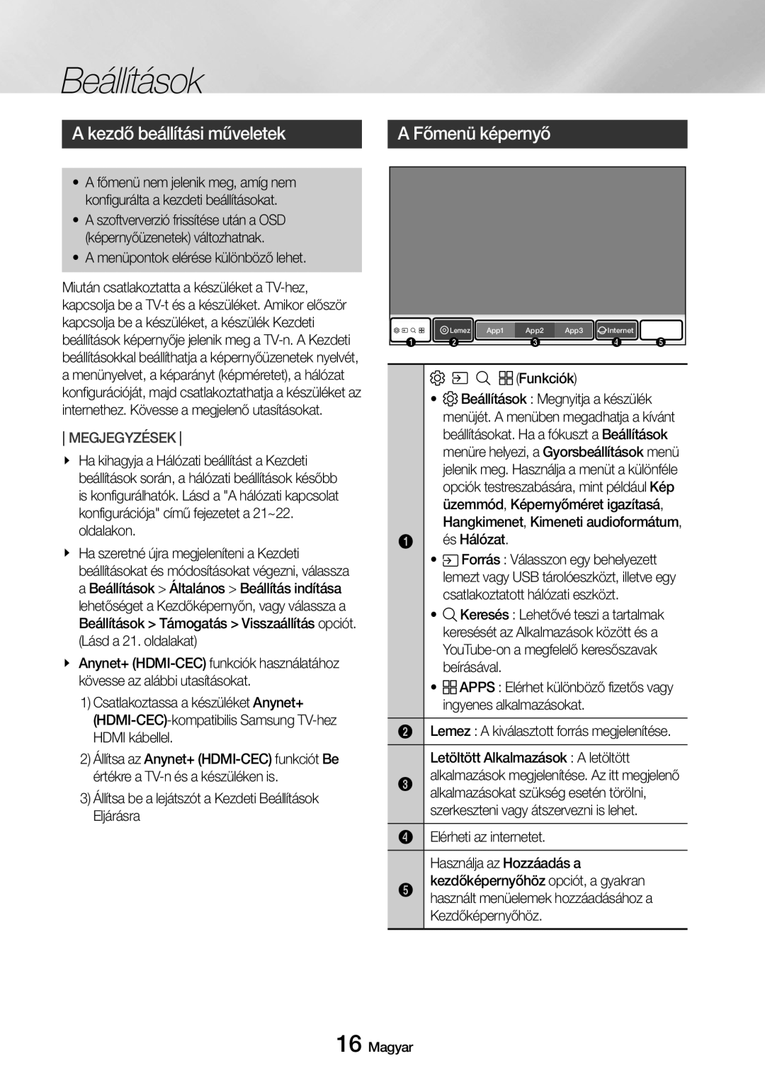 Samsung UBD-M7500/EN manual Beállítások, Kezdő beállítási műveletek, Főmenü képernyő 