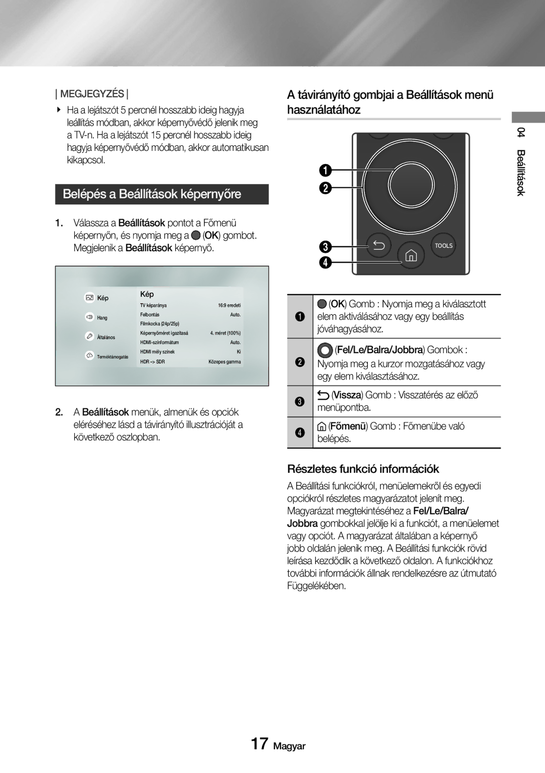 Samsung UBD-M7500/EN manual Belépés a Beállítások képernyőre, Távirányító gombjai a Beállítások menü használatához 