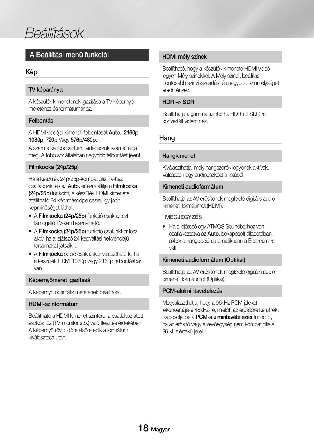 Samsung UBD-M7500/EN manual Beállítási menü funkciói, Kép, Hdr Sdr, Hangkimenet 