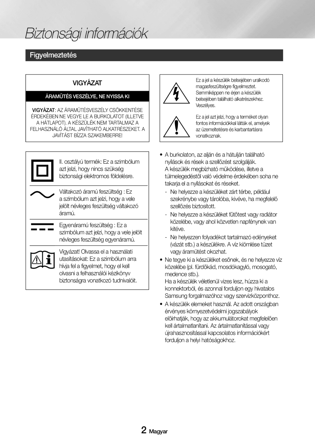 Samsung UBD-M7500/EN manual Biztonsági információk, Figyelmeztetés 