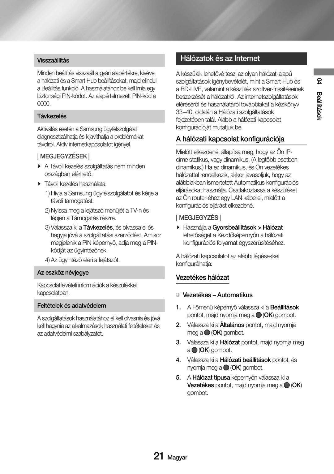 Samsung UBD-M7500/EN manual Hálózatok és az Internet, Hálózati kapcsolat konfigurációja, Vezetékes hálózat 