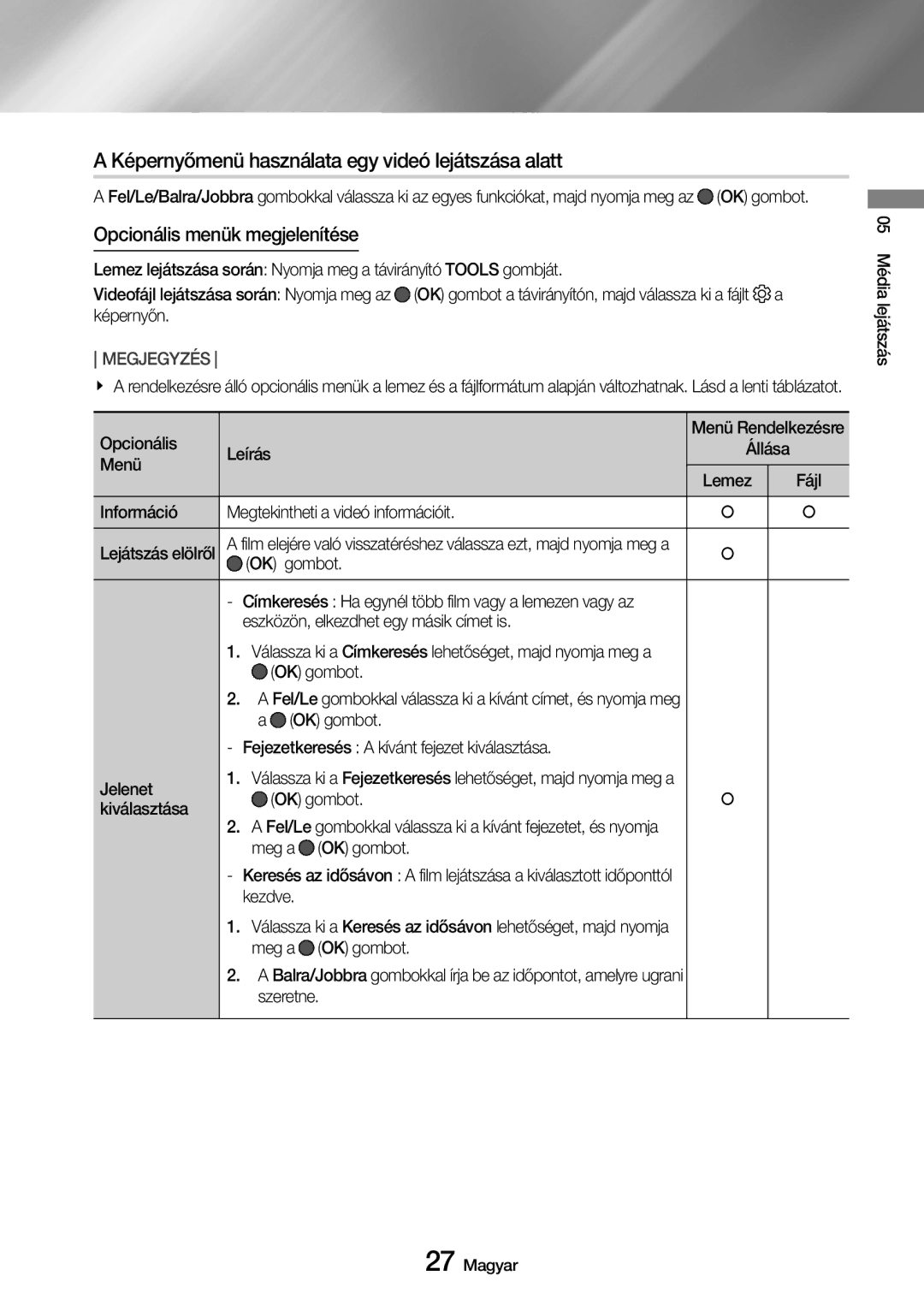 Samsung UBD-M7500/EN manual Képernyőmenü használata egy videó lejátszása alatt, Opcionális menük megjelenítése 