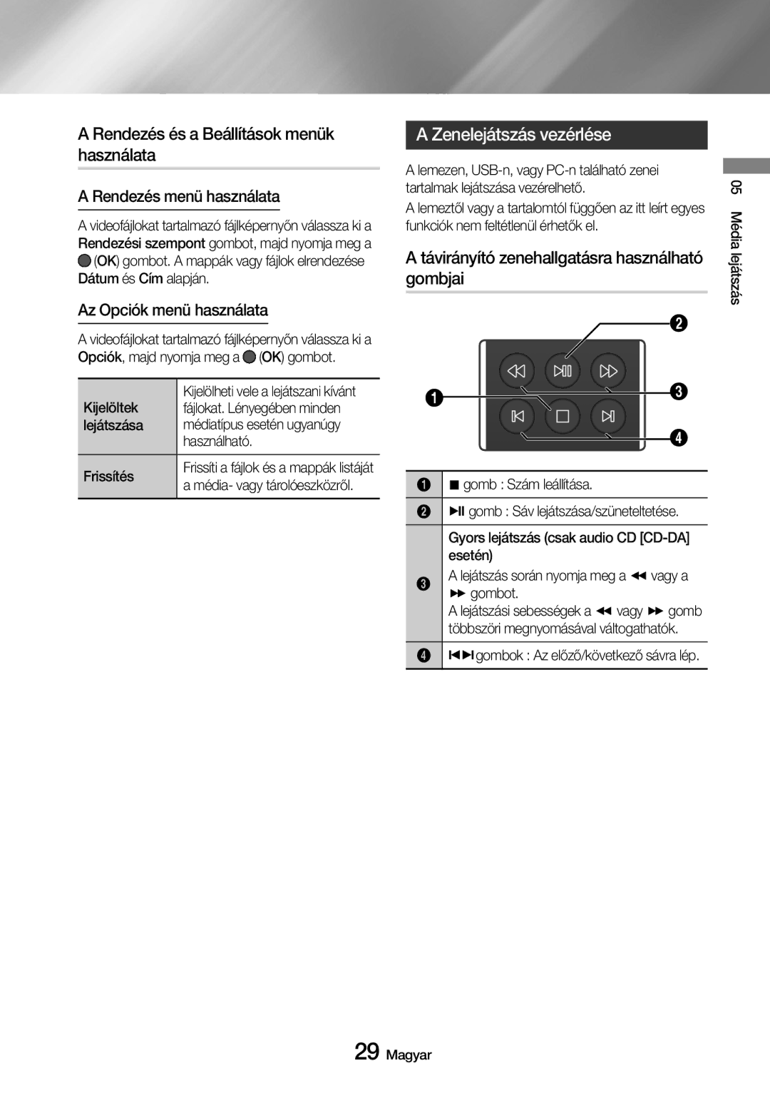 Samsung UBD-M7500/EN manual Rendezés és a Beállítások menük használata, Zenelejátszás vezérlése, Rendezés menü használata 