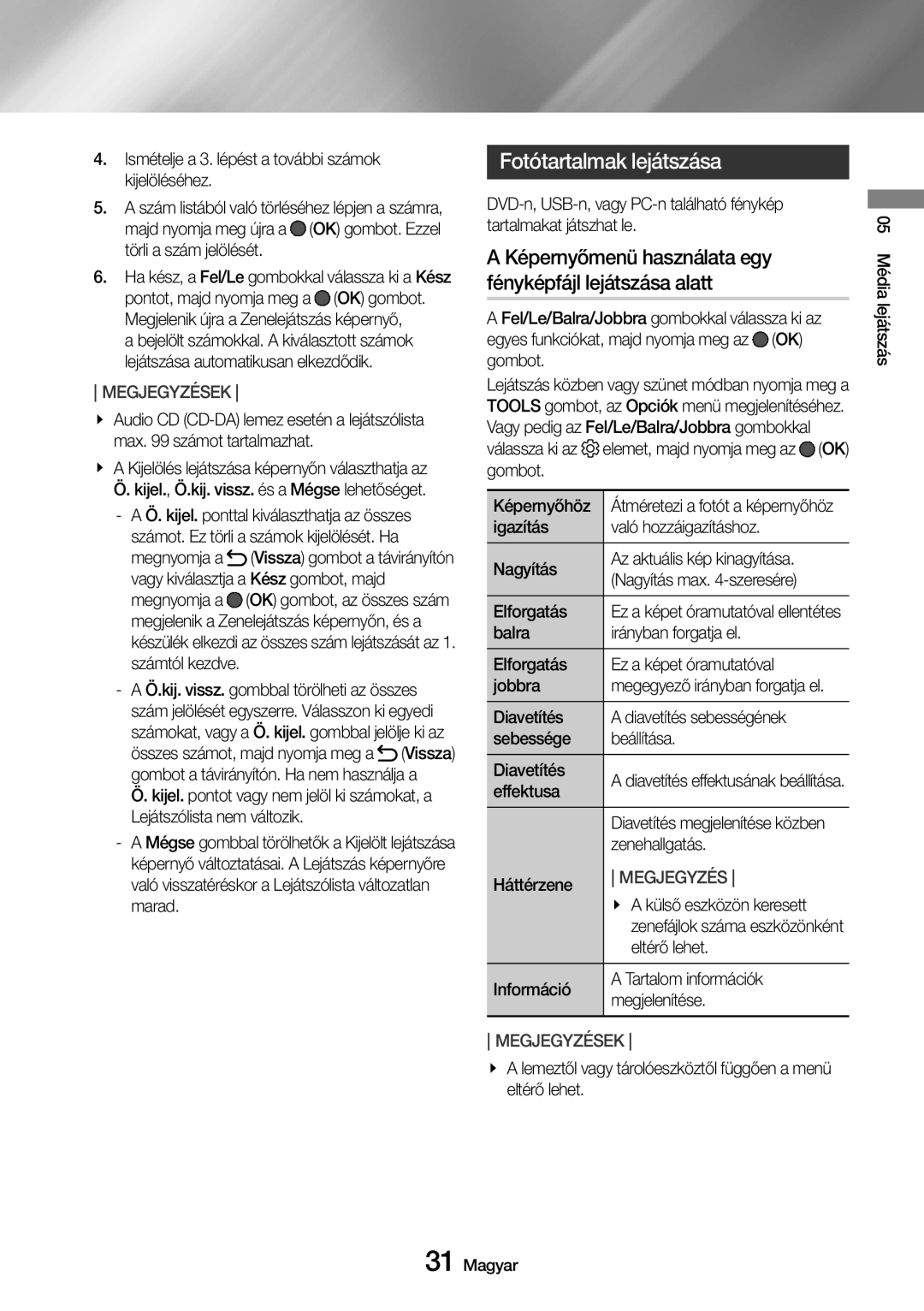 Samsung UBD-M7500/EN manual Fotótartalmak lejátszása, Képernyőmenü használata egy fényképfájl lejátszása alatt 