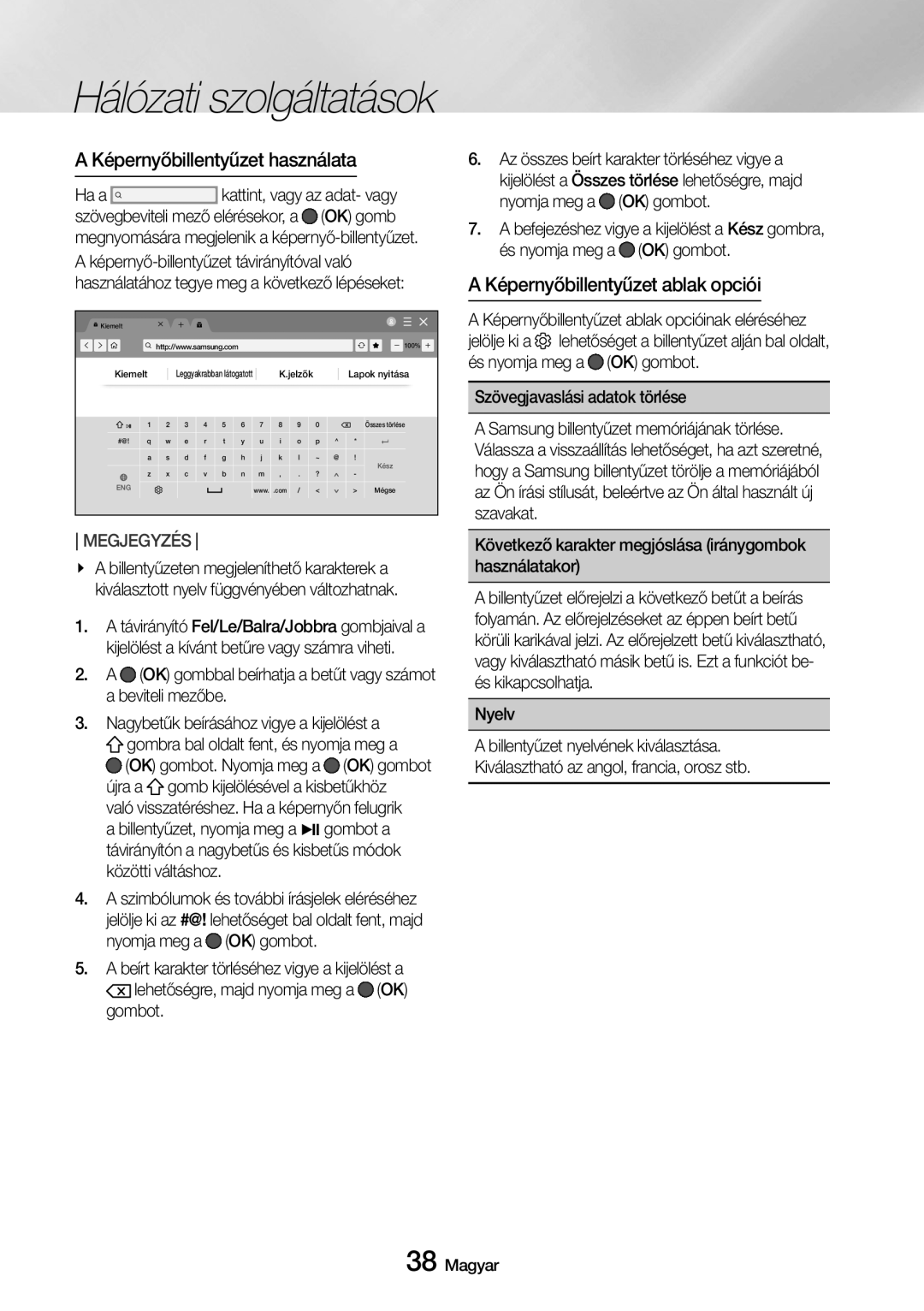 Samsung UBD-M7500/EN manual Képernyőbillentyűzet használata, Képernyőbillentyűzet ablak opciói 