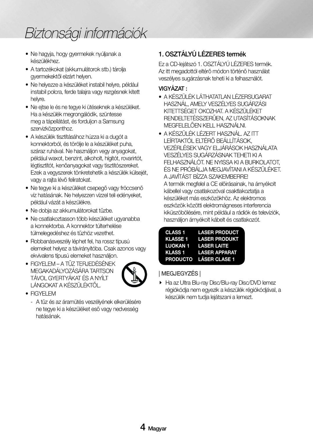 Samsung UBD-M7500/EN manual Osztályú Lézeres termék, Meg a tápellátást, és forduljon a Samsung szervizközponthoz, Figyelem 