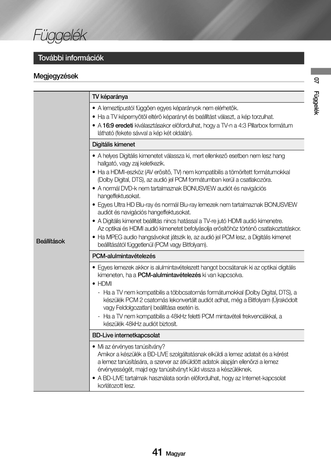 Samsung UBD-M7500/EN manual Függelék, További információk, Megjegyzések 