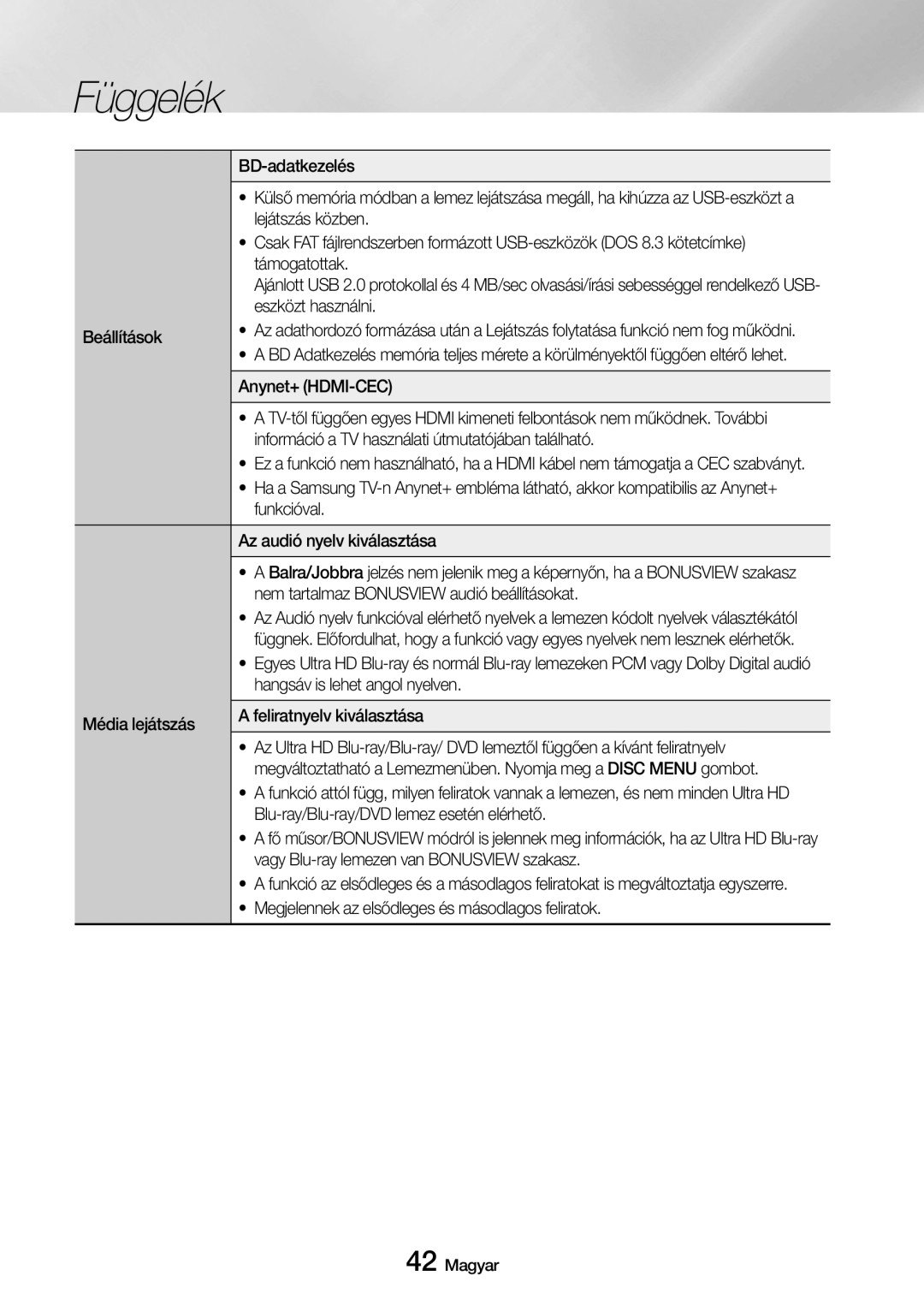 Samsung UBD-M7500/EN manual BD-adatkezelés, Lejátszás közben, Beállítások Eszközt használni, Anynet+ HDMI-CEC, Funkcióval 