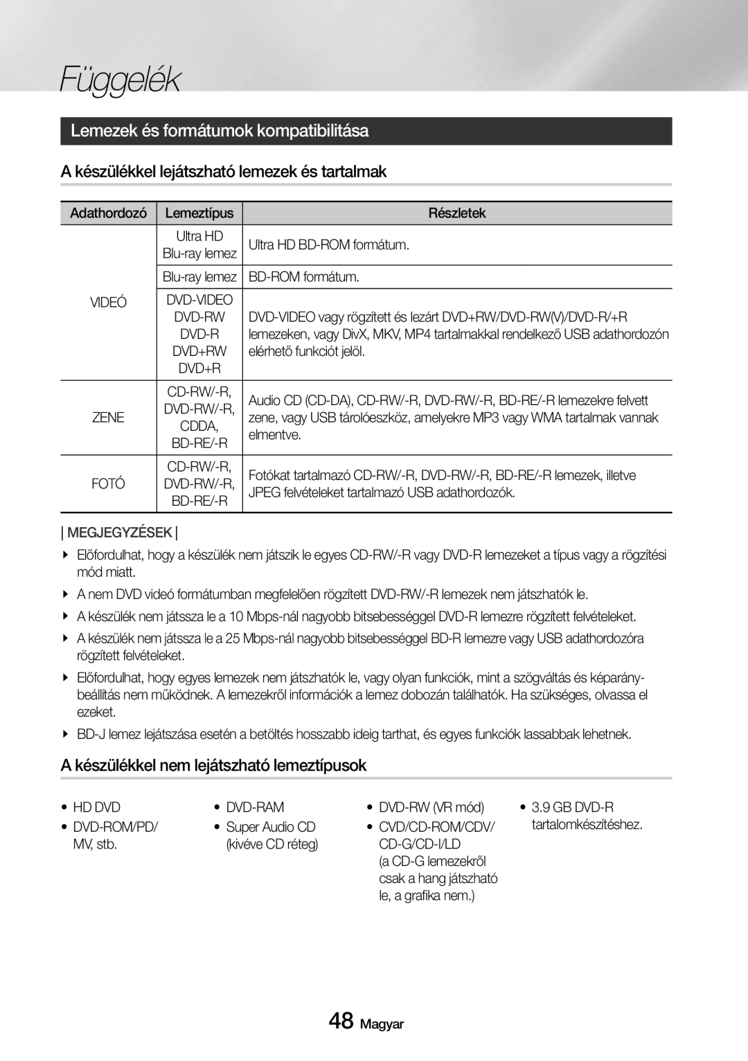 Samsung UBD-M7500/EN manual Lemezek és formátumok kompatibilitása, Készülékkel lejátszható lemezek és tartalmak 