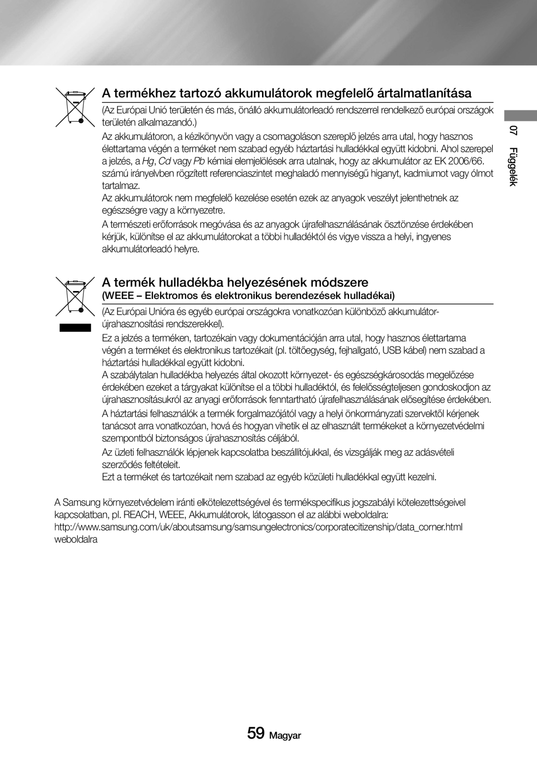 Samsung UBD-M7500/EN manual Termékhez tartozó akkumulátorok megfelelő ártalmatlanítása 