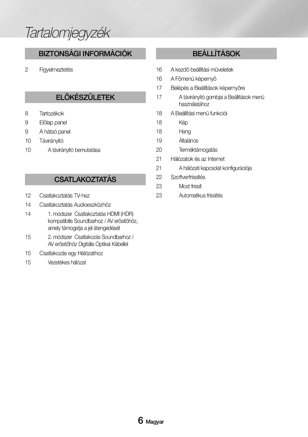 Samsung UBD-M7500/EN manual Tartalomjegyzék, Figyelmeztetés, Tartozékok Előlap panel Hátsó panel 10 Távirányító 